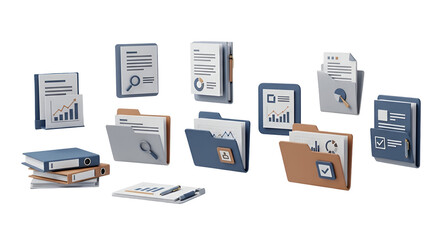 3d icon of collection of office folders and documents isolated on transparent background, representing organization and data