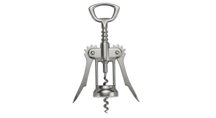 Closeup of a metal wing corkscrew, a classic wine opener isolated on transparent background, showcasing its mechanical design and functionality