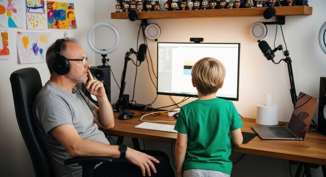 Father-Son moment in front of computer: A bonding moment is captured as a father and son share a computer screen. The scene depicts a harmonious blend of technology and family connection.