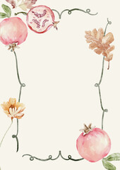 Watercolor Template Frame with pomegranate, flower and oak leaf . Cozy autumn design. Whimsical vintage element in cottagecore style for invitation, social media and posters.