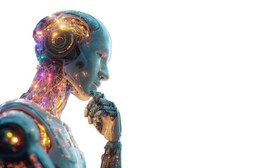 humanoid robot with thoughtful expression, holding its chin, surrounded by glowing neural circuits and colorful light particles