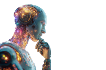 humanoid robot with thoughtful expression, holding its chin, surrounded by glowing neural circuits and colorful light particles