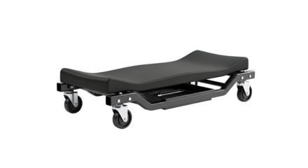 Automotive creeper with black padded surface isolated on transparent background, designed for mechanics to comfortably work under vehicles