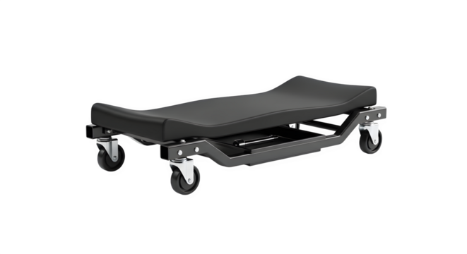 Automotive creeper with black padded surface isolated on transparent background, designed for mechanics to comfortably work under vehicles