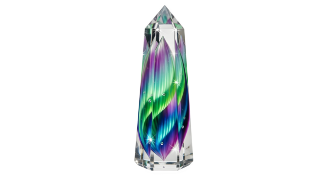 Crystal obelisk with colorful aurora borealis effect isolated on transparent background, a decorative piece showcasing vibrant hues and geometric design