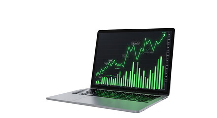 3d icon of laptop displaying a green stock market graph isolated on transparent background, representing financial growth and investment