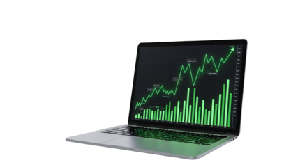 3d icon of laptop displaying a green stock market graph isolated on transparent background, representing financial growth and investment