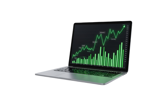 3d icon of laptop displaying a green stock market graph isolated on transparent background, representing financial growth and investment