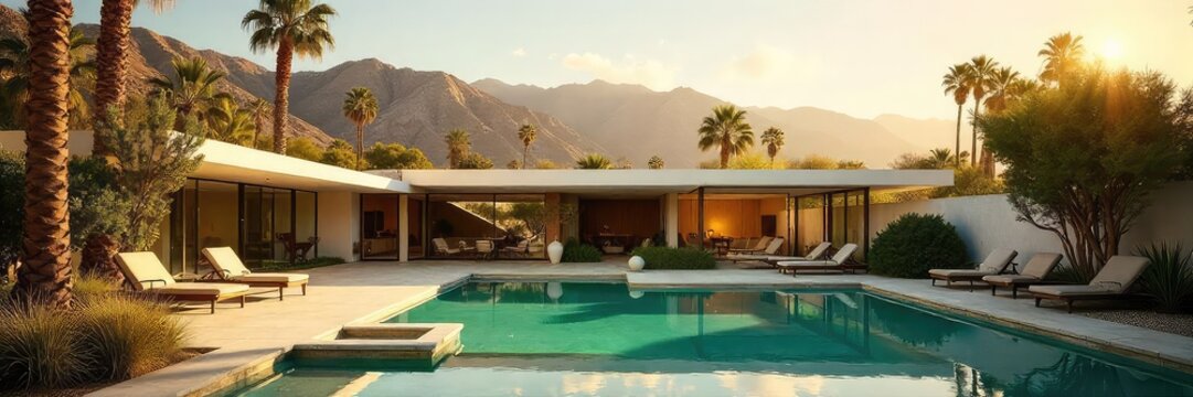 Mid-century modern architecture in Palm Springs, California, bathed in the golden light of the desert sun  Lush landscaping complements the iconic style ,  stylish,  hotel