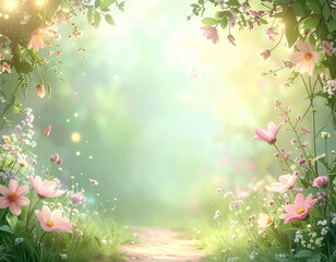 柔らかな光に包まれた花咲く小道。ピンクや白の花々が両脇に咲き誇るメルヘンな風景。春の訪れや希望、癒し、ナチュラルな美しさを表現した背景イメージ