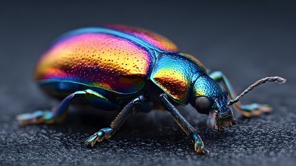 Fototapeta premium Small iridescent beetle displays vibrant rainbow colors on textured surface.