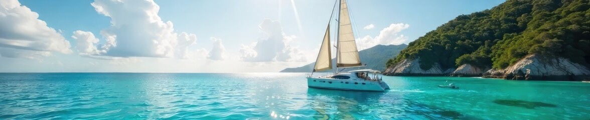 Fototapeta premium Sun-drenched sailboat gracefully gliding across calm turquoise waters, surrounded by idyllic scenery A breathtaking view of a pristine seascape , sky, sun, horizon