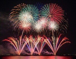 Colorful fireworks exploding in the night sky over water.