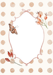 Watercolor Template Frame with polka dot,  rose hips and butterfly. Cozy autumn design. Whimsical vintage element in cottagecore style for invitation, social media and posters.