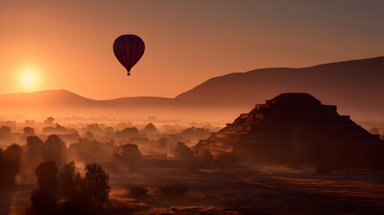 Fototapeta premium Majestic sunrise over teotihuacan pyramid with hot air balloon in ancient landscape