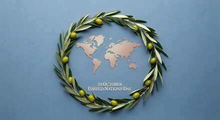 United Nations Day Olive Wreath and World Map, 24 October International Peace Symbol