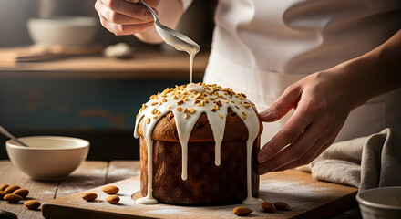 Baker glazing panettone with icing and almonds, cinematic realism.