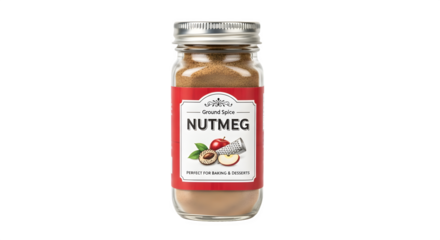 Jar of nutmeg spice with a red label, isolated on transparent background aromatic seasoning for cooking and baking, adding flavor to dishes
