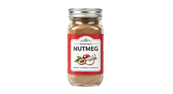 Jar of nutmeg spice with a red label, isolated on transparent background aromatic seasoning for cooking and baking, adding flavor to dishes