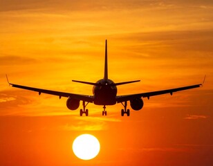 Airplane silhouette against a vibrant sunset, symbolizing travel and aviation.