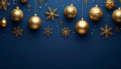 Fototapeta premium Elegant Christmas composition with gold baubles and stars on navy background