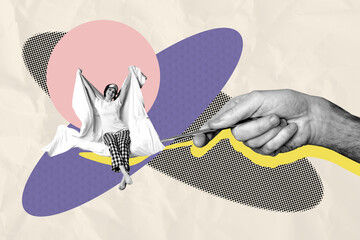 3d banner art pop trend collage of happy sleepy girl sit spoon hand relax time bedding early...