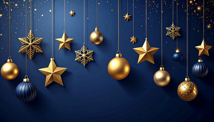 Golden Christmas decorations on dark navy background