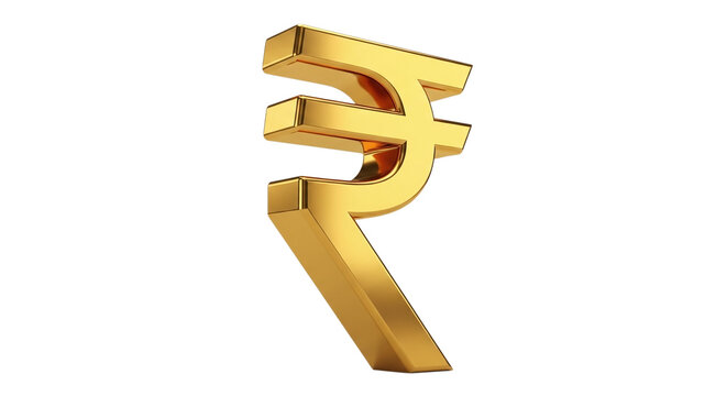 Shiny golden indian rupee currency symbol standing tall against a stark black background