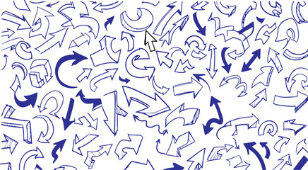 A chaotic and energetic collection of hand drawn blue arrows and abstract shapes on a white background