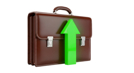 3d icon of brown briefcase with green arrow pointing upwards isolated on transparent background, representing business growth