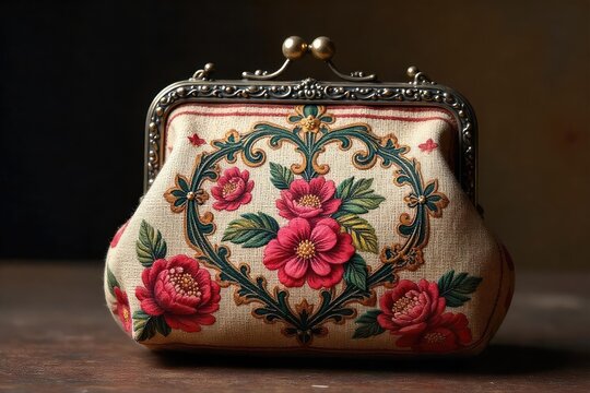 A well-worn, antique reticule purse; faded floral fabric, intricate clasp, vintage charm, ideal for historical settings or fashion editorials , beauty, artistry