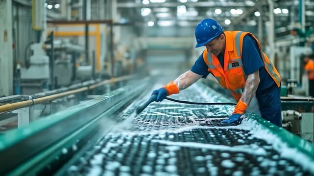 Worker sprays cleaning solution on an industrial conveyor belt with a hose in a factory