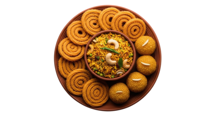 Traditional indian diwali snacks and sweets arranged in a circular pattern on a dark background