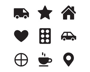 Simple black icons depicting delivery love location and other concepts