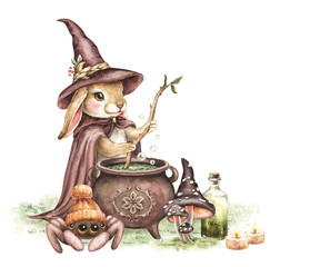 Halloween bunny in wizard's robe and witch's hat, cauldron with potion, cute spider, amanita mushrooms. Wild forest animals. Hand drawn watercolor illustration isolated on white. Kids magic print.