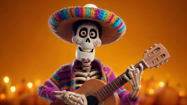 A friendly, cartoon skeleton wearing a colorful sombrero and sweater, playing a guitar with a toothy grin