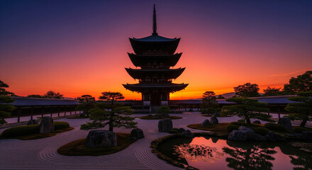 Japanese Pagoda at Sunset A Serene Landscape Under a Vibrant Sky