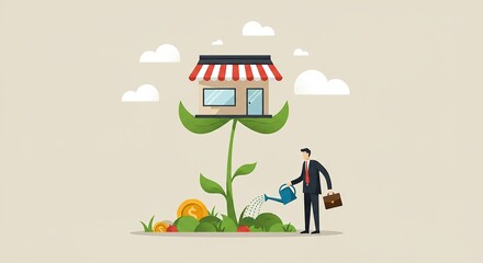 Businessman watering a growing shop on a plant stalk
