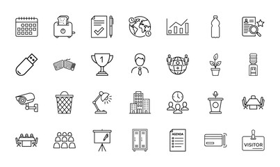 Fototapeta premium Business and office productivity line icon set. Vector pictograms of essential items, tools, and activities for daily work, thin linear illustration.