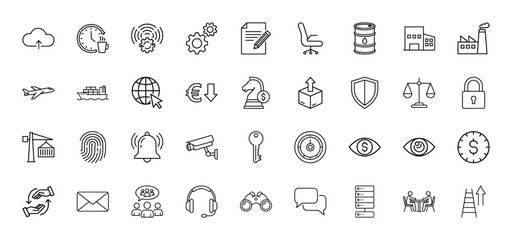 Business and technology line icon set. Vector pictograms of cloud, gears, documents, chair, airplane, ship, globe, finance, security, communication, thin linear illustration.
