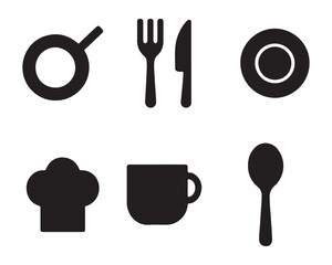 Black silhouette icons representing common dining and cooking elements