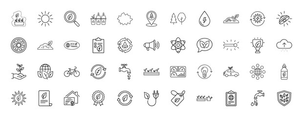 Environmental line icon set. Vector pictograms of nature, recycling, energy, plants, trees, water, globe, and sustainability concepts, thin linear illustration.