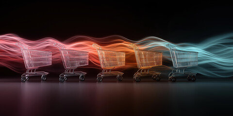 Colorful shopping carts in row with vibrant light trails on dark background, symbolizing modern retail and dynamic shopping experience