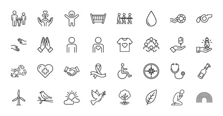 Humanitarian and social line icon set. Vector pictograms of family, plant, water, helping hands, heart, ribbon, wheelchair, stethoscope, wind turbine, tree, thin linear illustration.