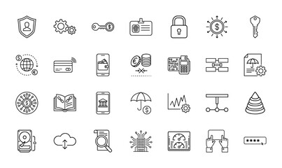 Cybersecurity, finance, and data line icon set. Vector pictograms of shield, padlock, ID card, credit card, mobile banking, cloud storage, microchip, password, thin linear illustration.
