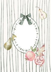 Watercolor Template Frame with stripes background, pears, pomegranate.  Cozy autumn design. Whimsical vintage element in cottagecore style for invitation, social media and posters.