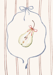 Watercolor background with bow and pear. Cozy autumn design. Whimsical vintage element in cottagecore style for invitation, social media and posters.