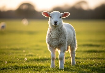 Obraz premium A cute white lamb stands in a sunlit green field at golden hour, looking directly at the camera with a gentle expression.