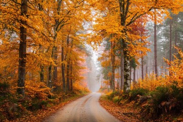 A serene and picturesque autumn forest scene unfolds with a winding dirt road gently curving through vibrant foliage. Tall trees on both sides are richly adorned with brilliant orange and golden leave