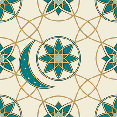 Fototapeta premium Seamless Geometric Islamic Pattern with Stars and Crescent Moon